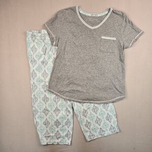 Carole Hochman Women's Size M 2 PC Pajama Set Grey Teal Cropped 100% Cotton